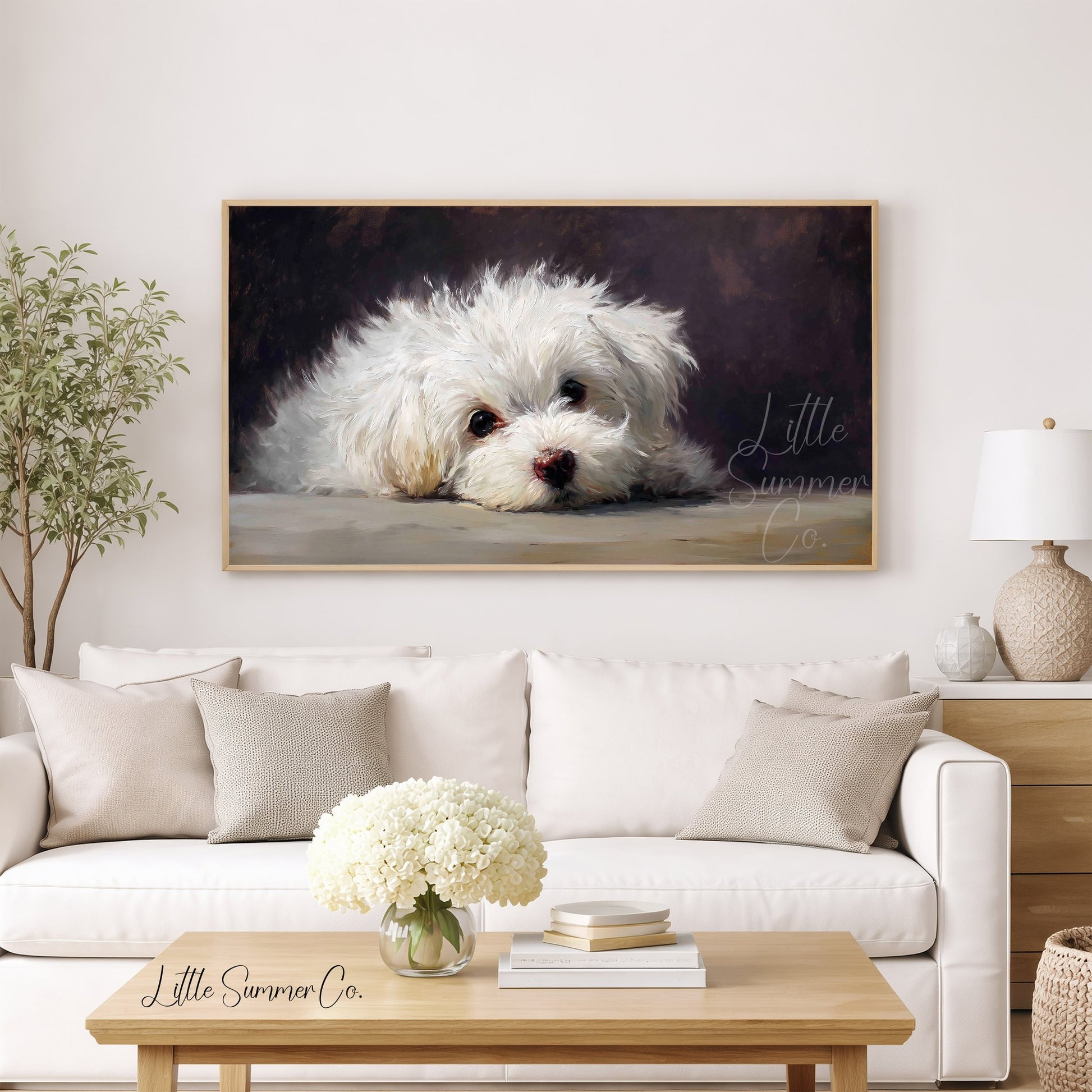 White Puppy Close Up Frame TV Art displayed on a TV