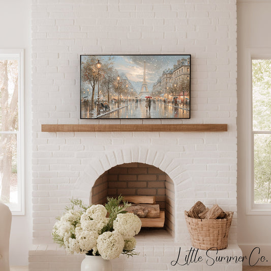 Eiffel Tower Snowy Street Frame TV Art displayed on a TV