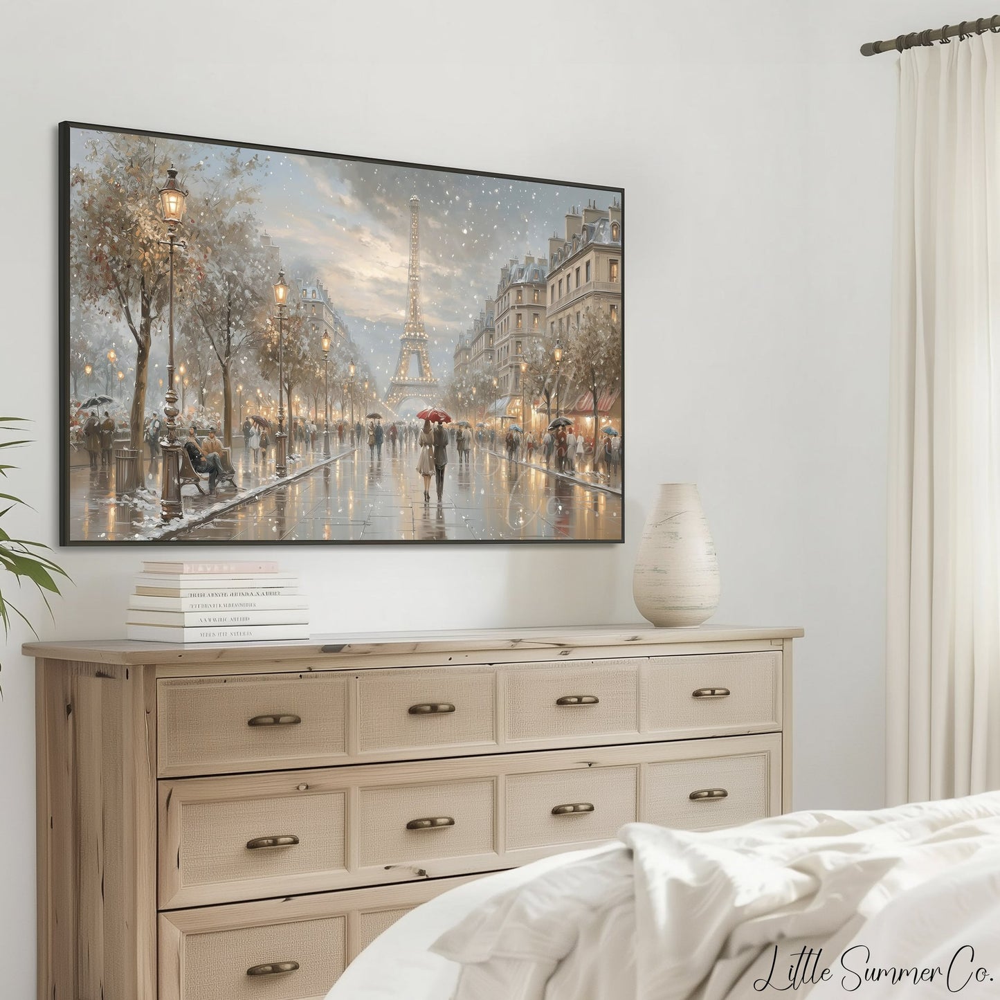 Eiffel Tower Snowy Street Frame TV Art displayed on a TV