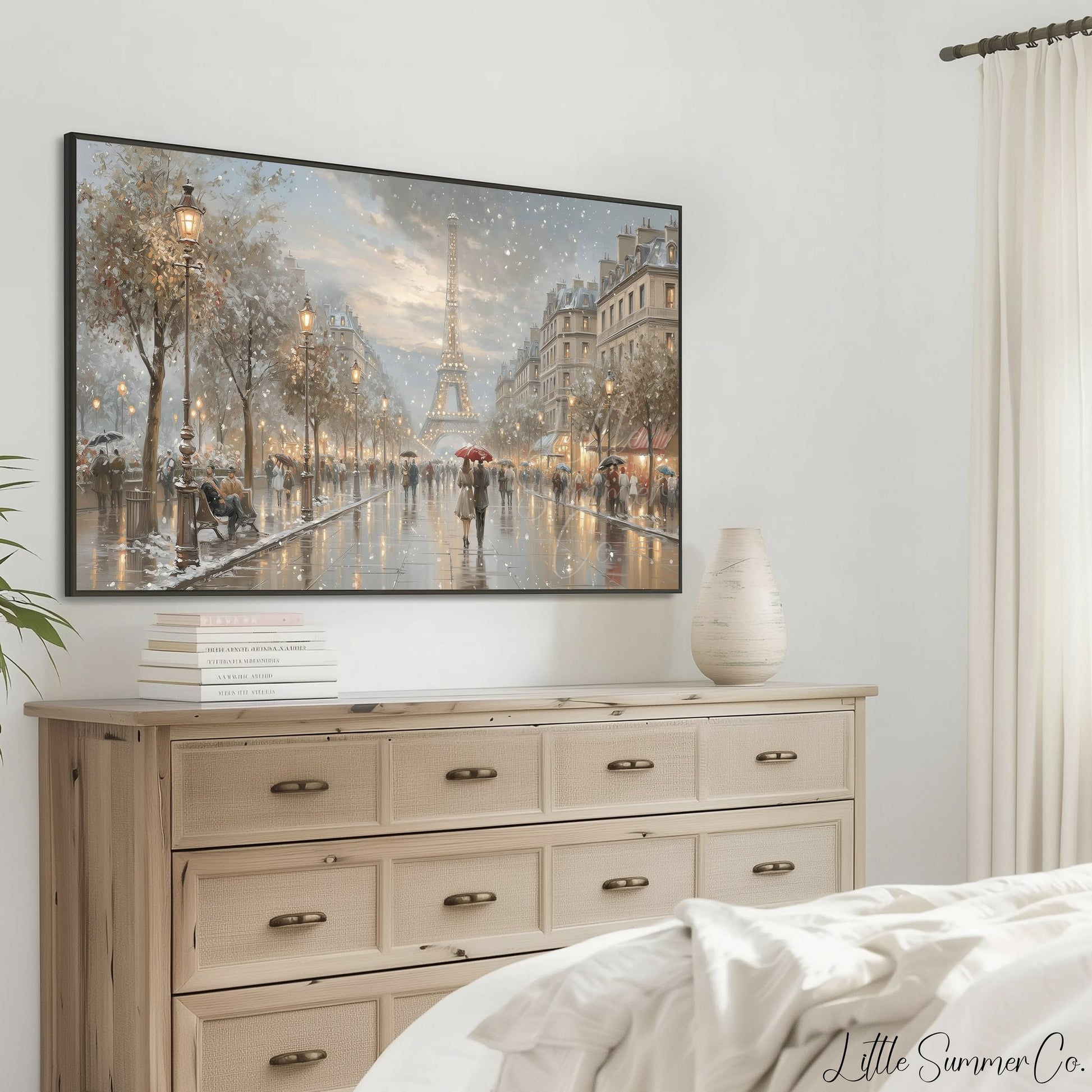 Eiffel Tower Snowy Street Frame TV Art displayed on a TV