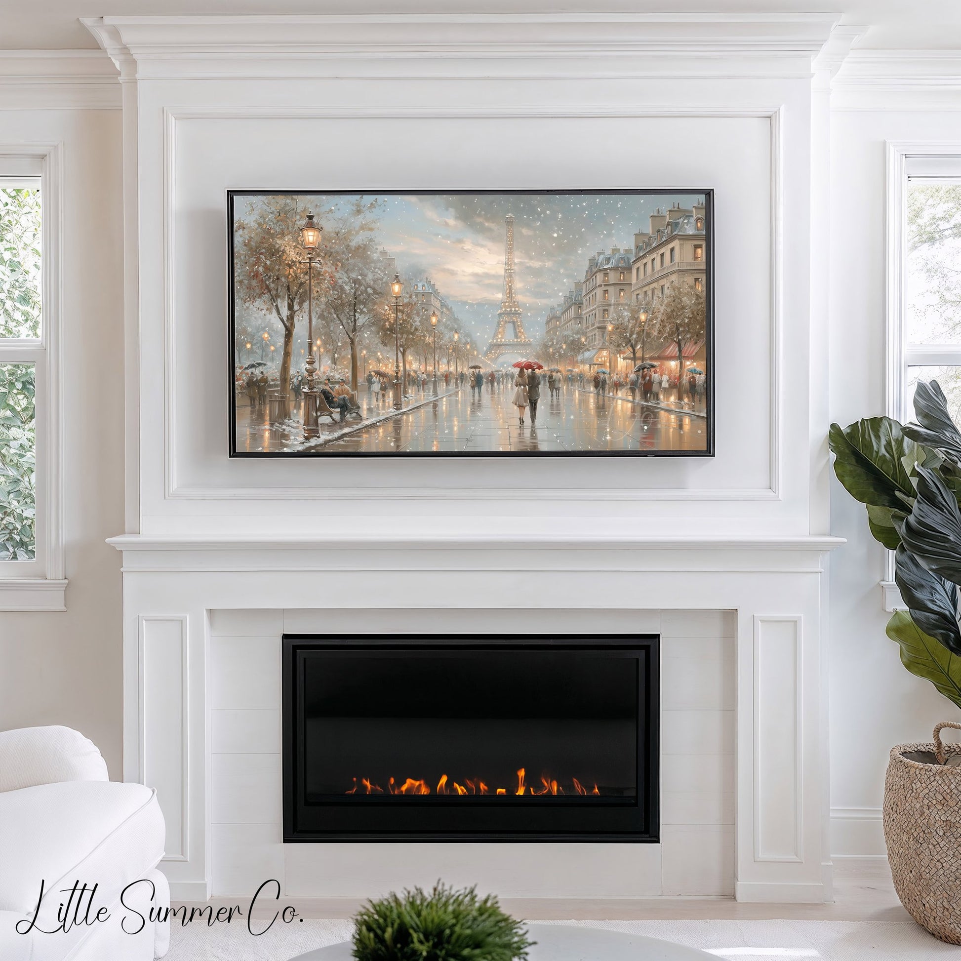 Eiffel Tower Snowy Street Frame TV Art displayed on a TV