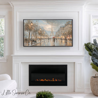 Eiffel Tower Snowy Street Frame TV Art displayed on a TV
