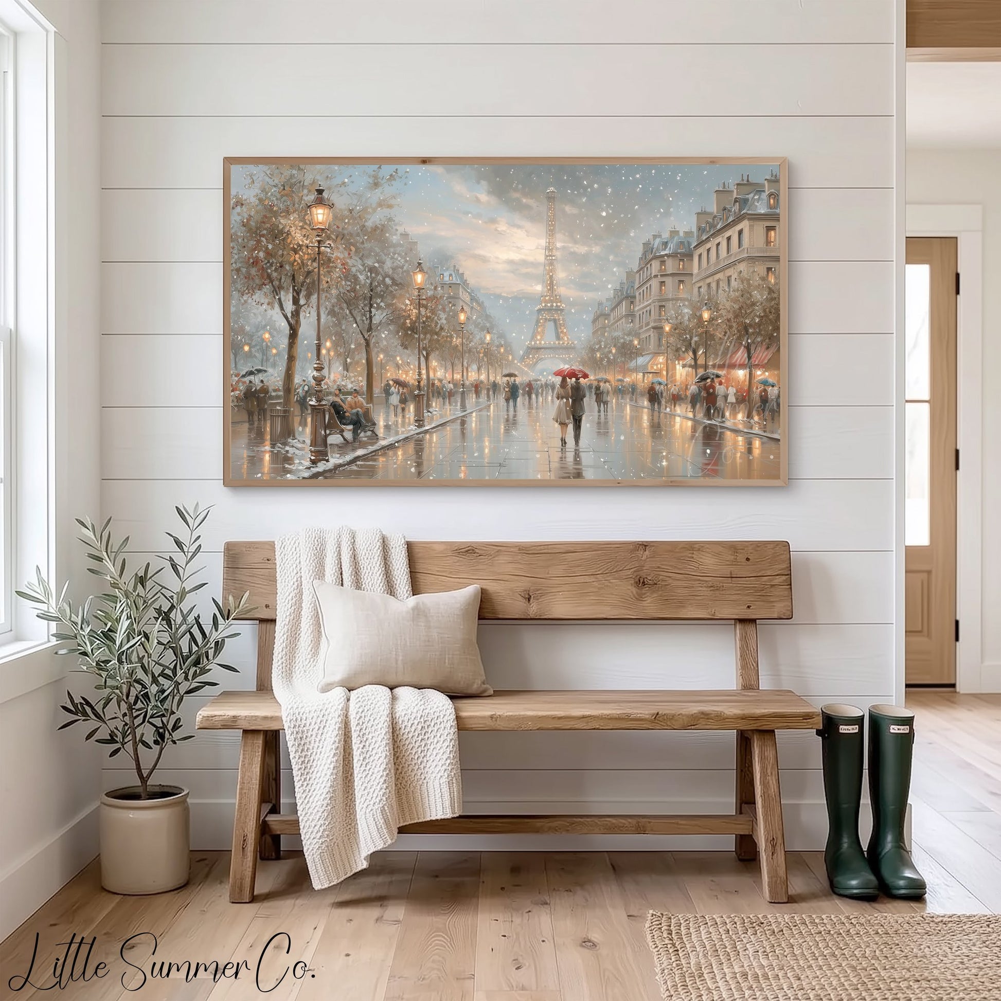 Eiffel Tower Snowy Street Frame TV Art displayed on a TV