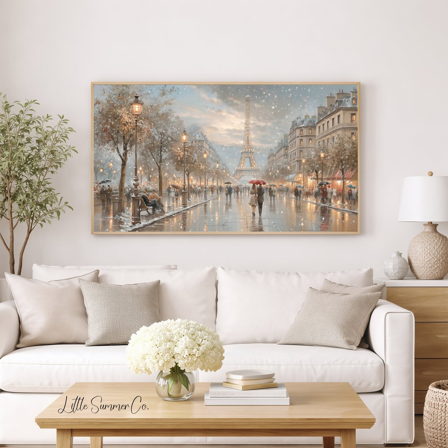 Eiffel Tower Snowy Street Frame TV Art displayed on a TV