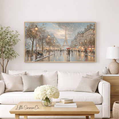 Eiffel Tower Snowy Street Frame TV Art displayed on a TV