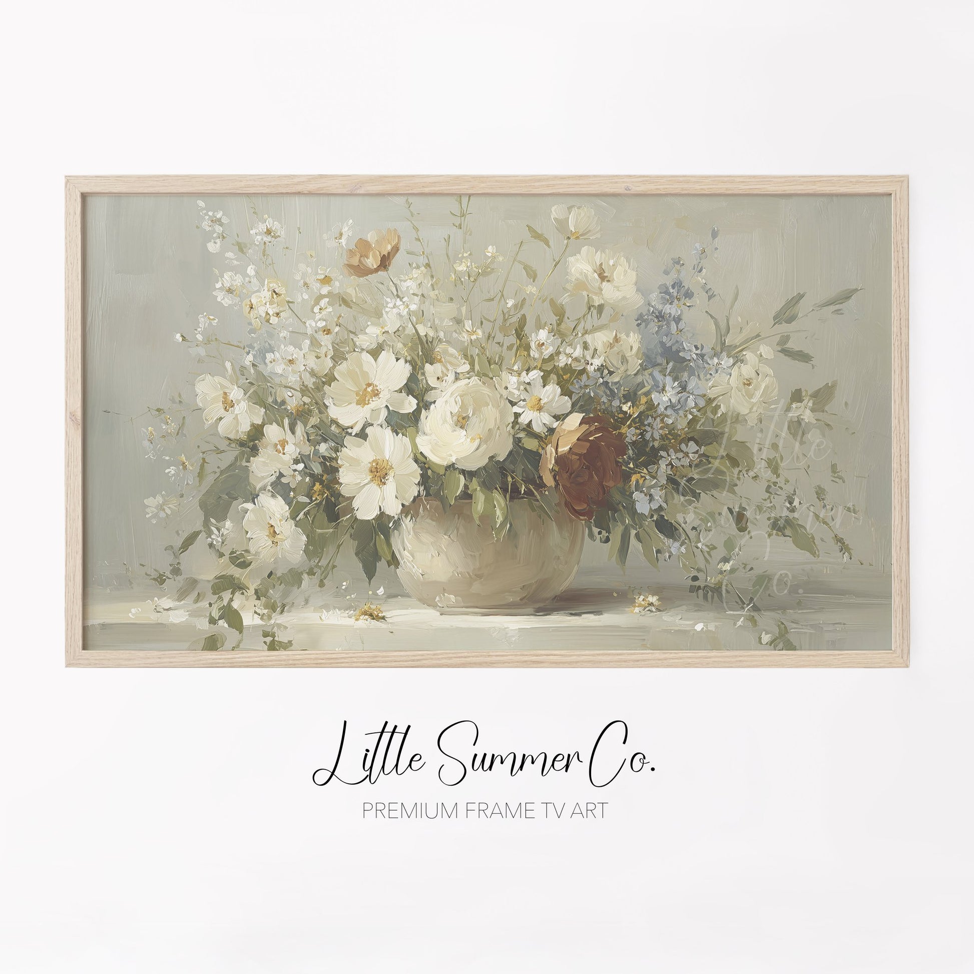 White Wildflower Cottage Bouquet Frame TV Art displayed on a TV