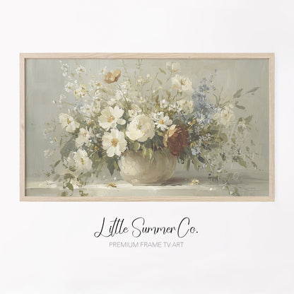 White Wildflower Cottage Bouquet Frame TV Art displayed on a TV