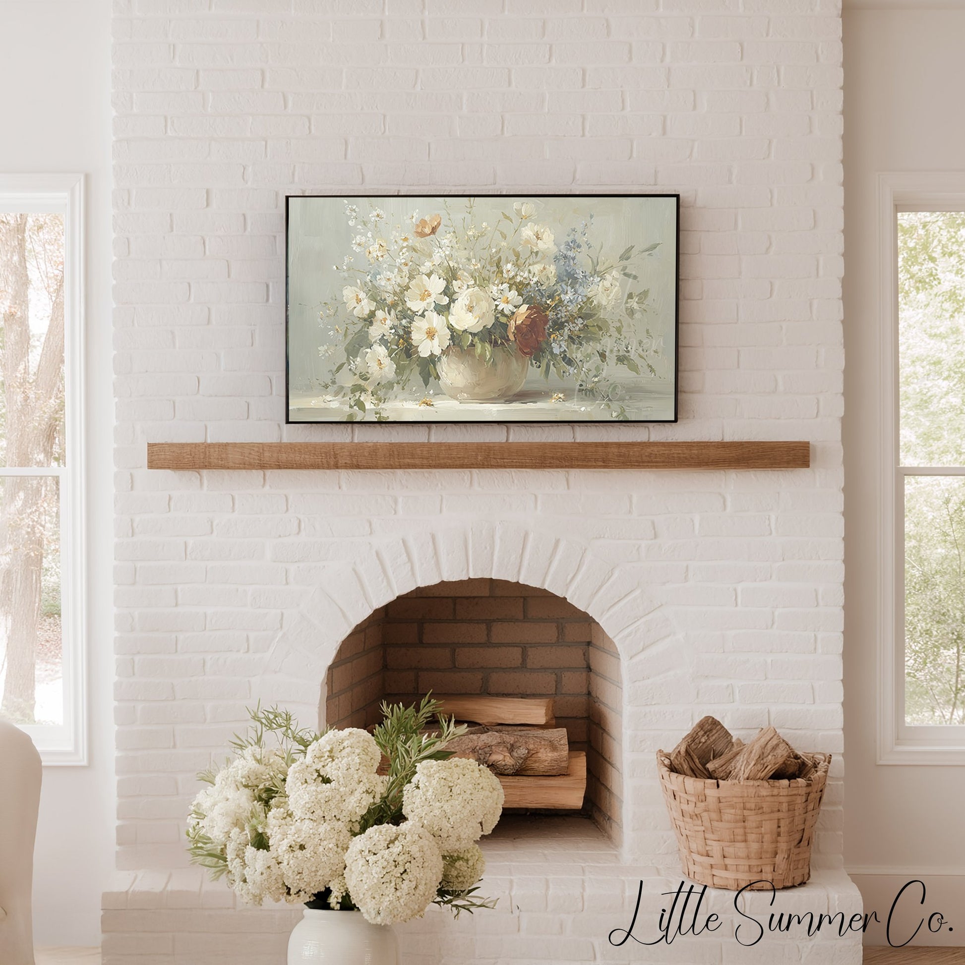 White Wildflower Cottage Bouquet Frame TV Art displayed on a TV