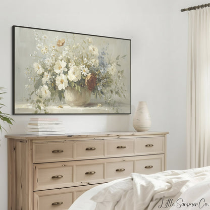 White Wildflower Cottage Bouquet Frame TV Art displayed on a TV