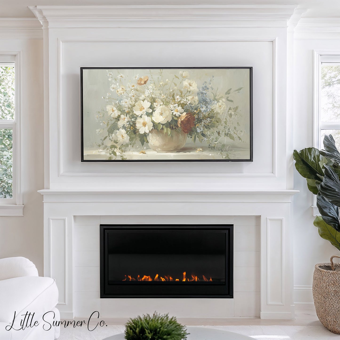 White Wildflower Cottage Bouquet Frame TV Art displayed on a TV