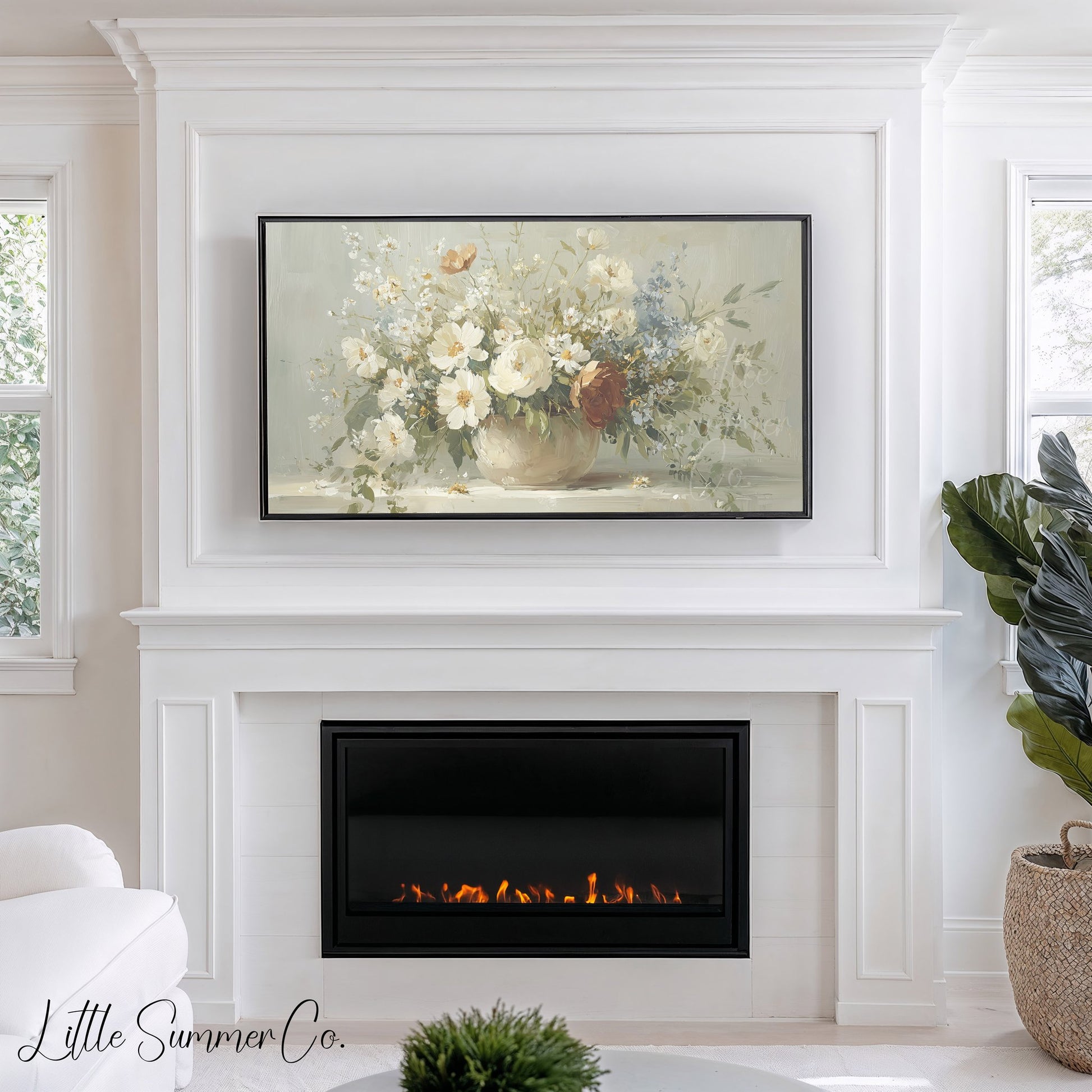 White Wildflower Cottage Bouquet Frame TV Art displayed on a TV