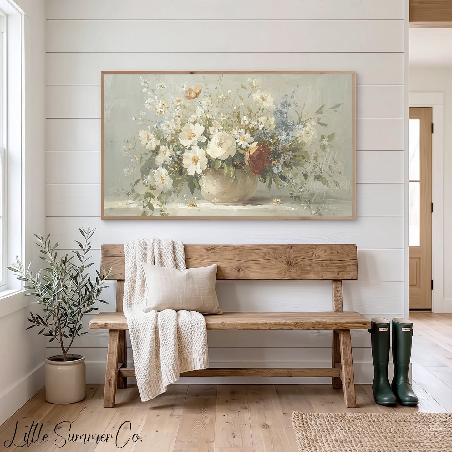 White Wildflower Cottage Bouquet Frame TV Art displayed on a TV
