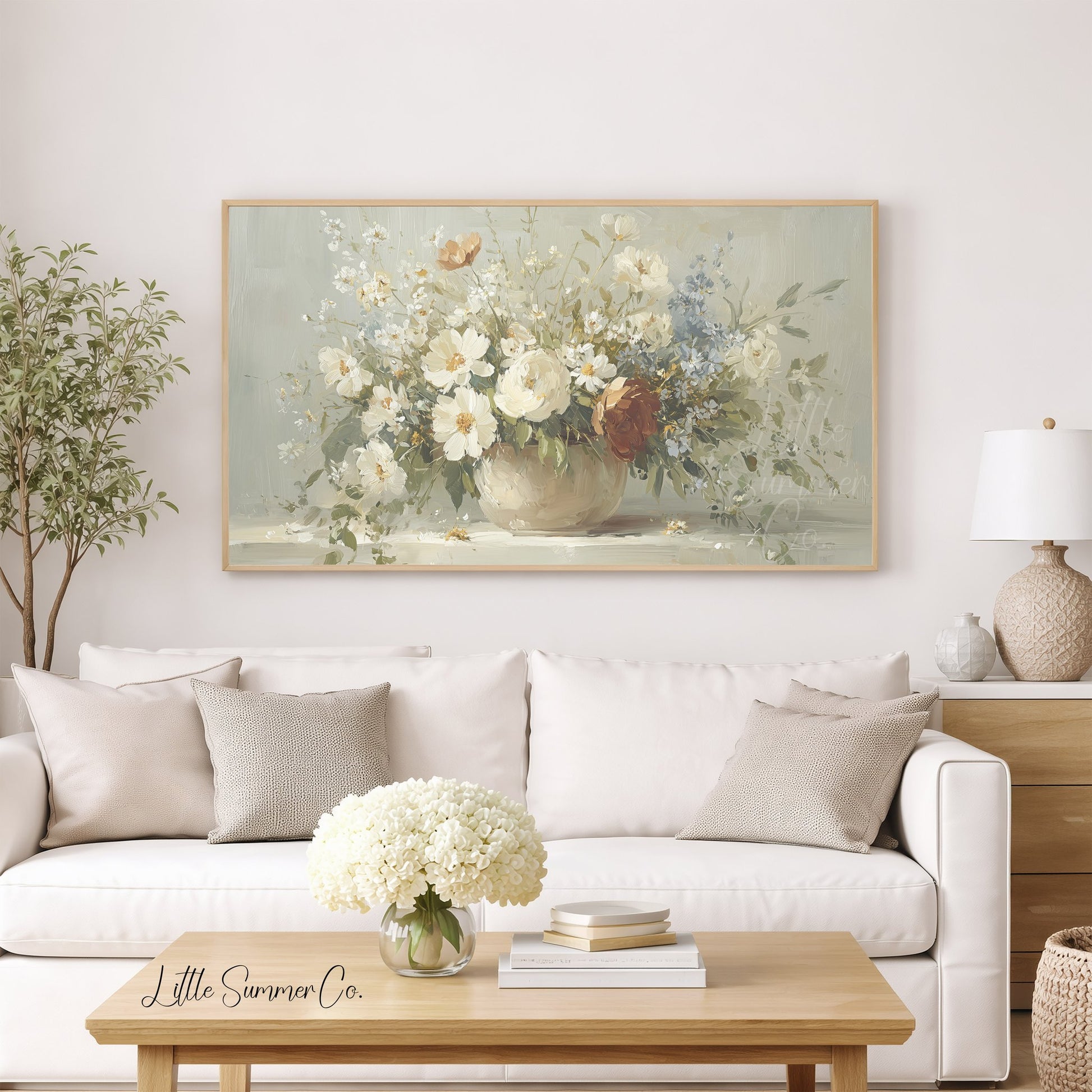 White Wildflower Cottage Bouquet Frame TV Art displayed on a TV