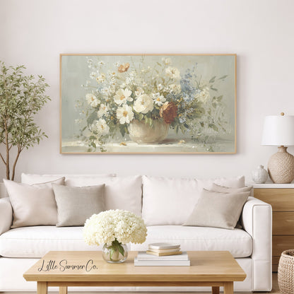 White Wildflower Cottage Bouquet Frame TV Art displayed on a TV