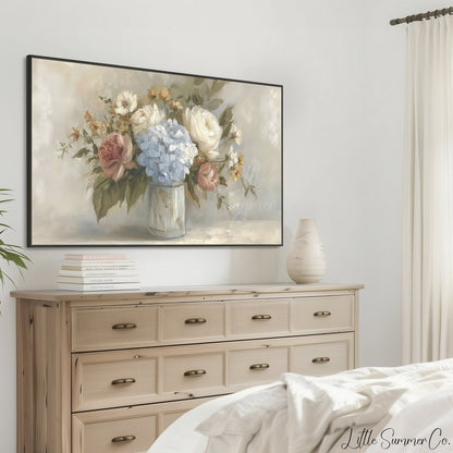 Hydrangea Rose Bouquet Frame TV Art displayed on a TV