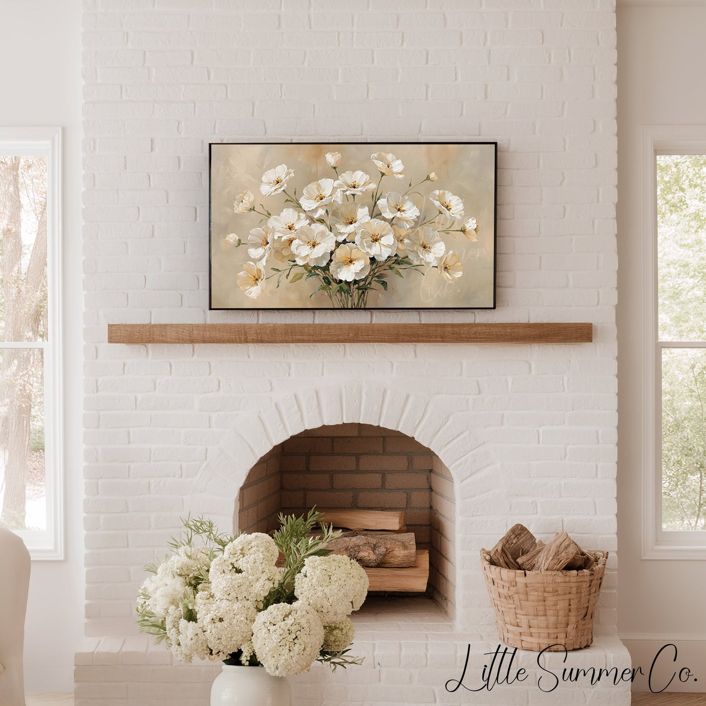 White Cosmos Frame TV Art displayed on a TV