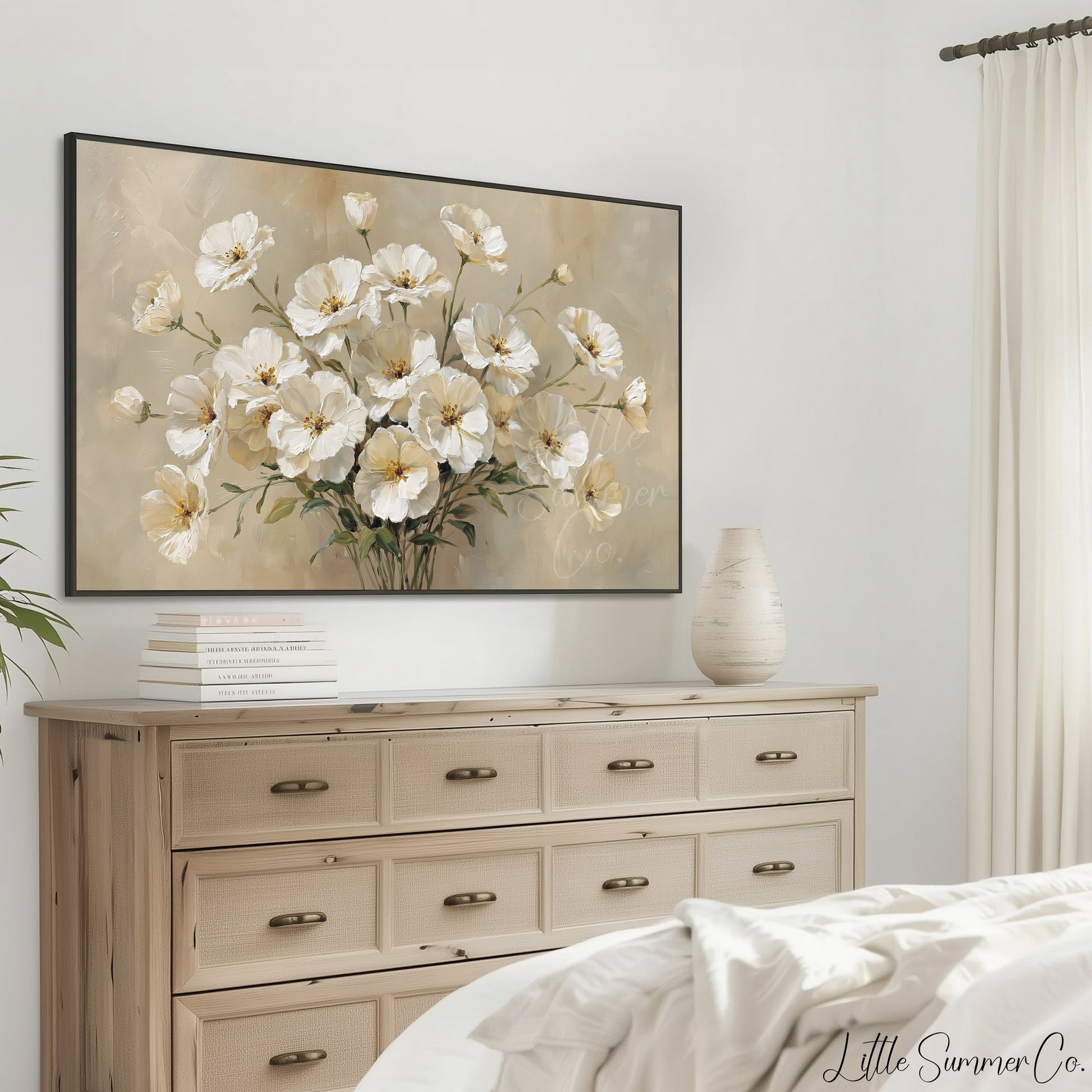 White Cosmos Frame TV Art displayed on a TV