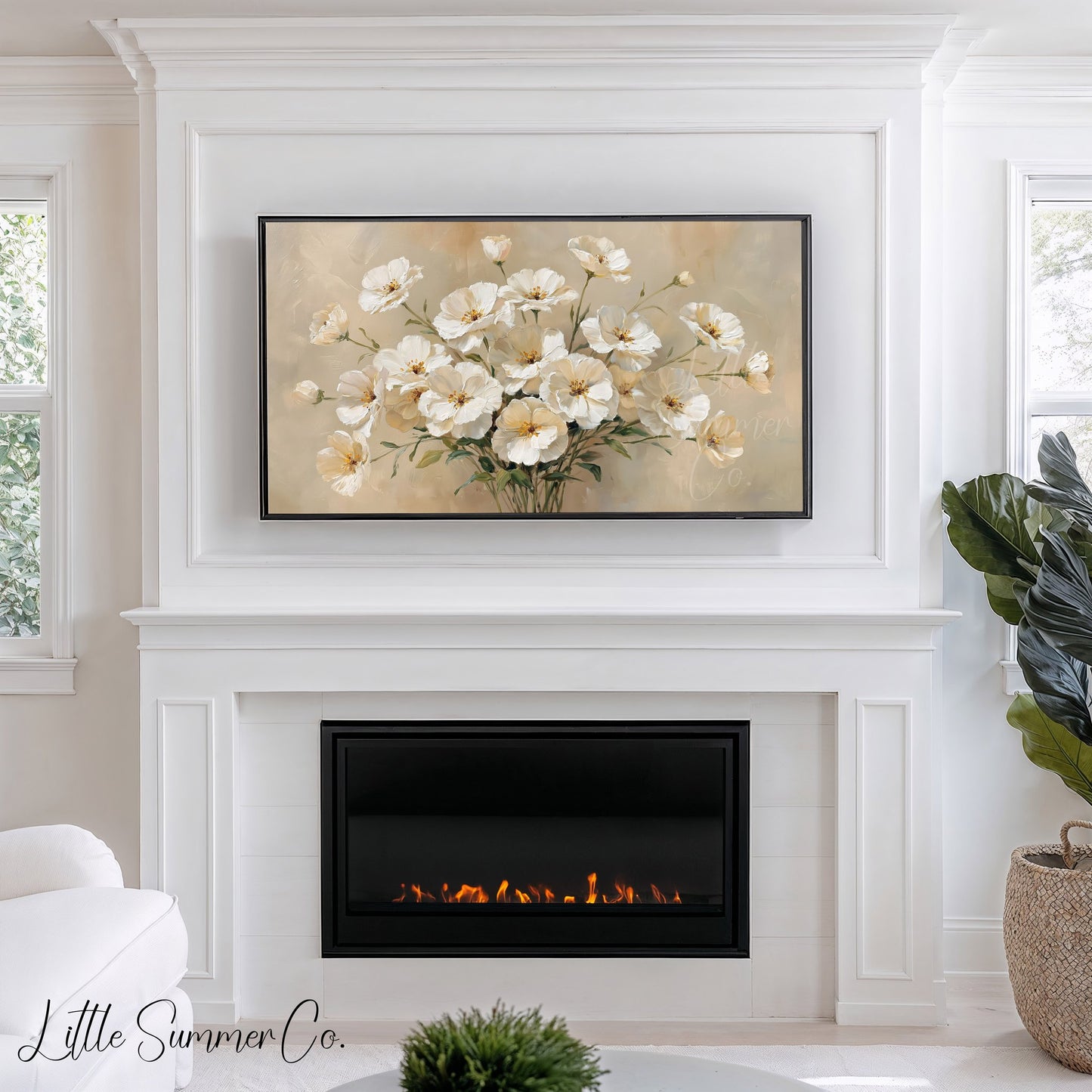 White Cosmos Frame TV Art displayed on a TV