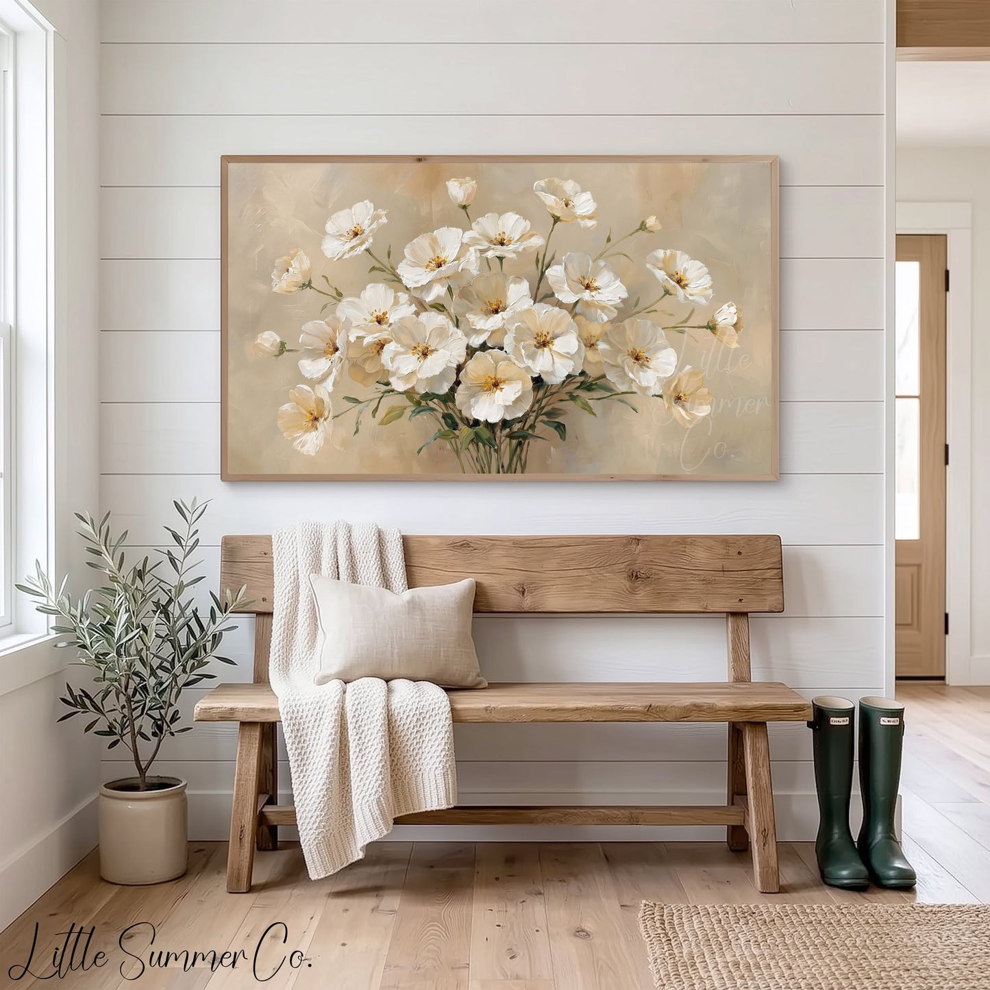 White Cosmos Frame TV Art displayed on a TV
