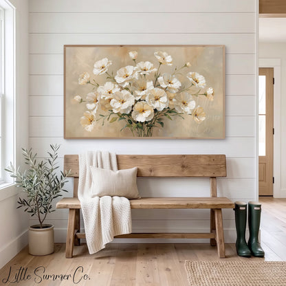 White Cosmos Frame TV Art displayed on a TV