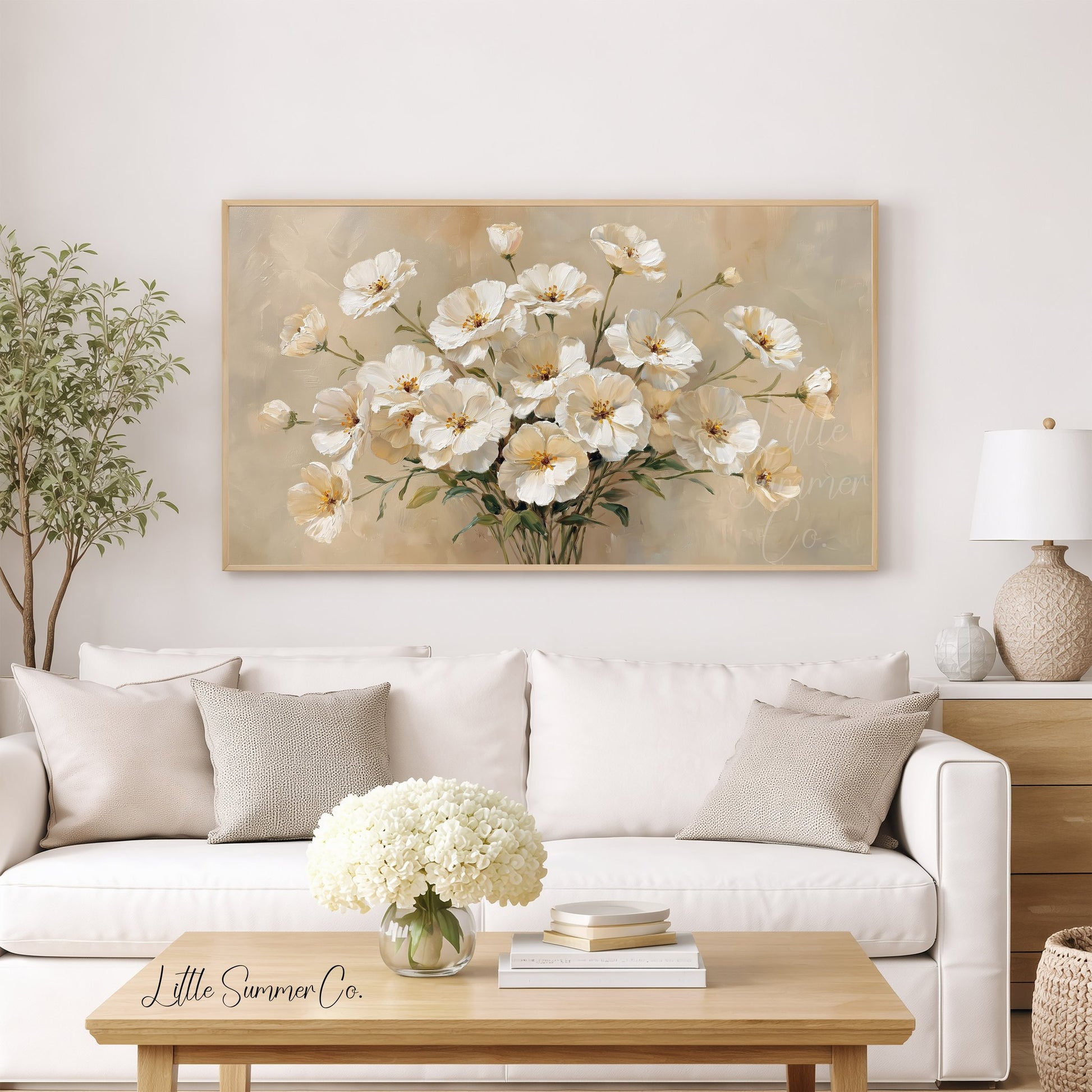 White Cosmos Frame TV Art displayed on a TV