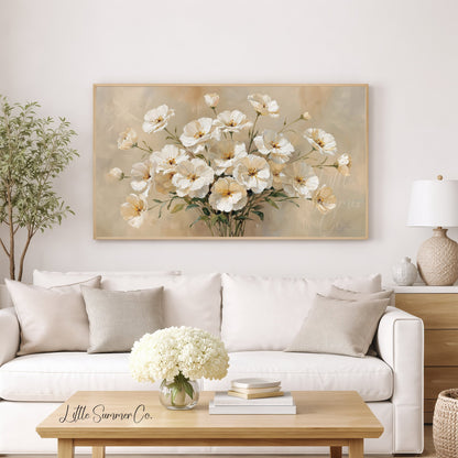 White Cosmos Frame TV Art displayed on a TV