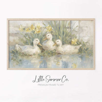 Ducks and Daffodils Frame TV Art displayed on a TV