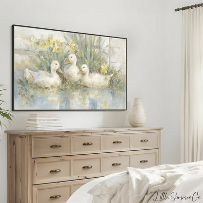 Ducks and Daffodils Frame TV Art displayed on a TV