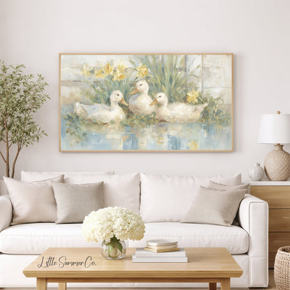 Ducks and Daffodils Frame TV Art displayed on a TV