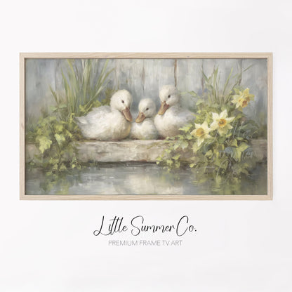 Ducklings and Daffodils Frame TV Art displayed on a TV