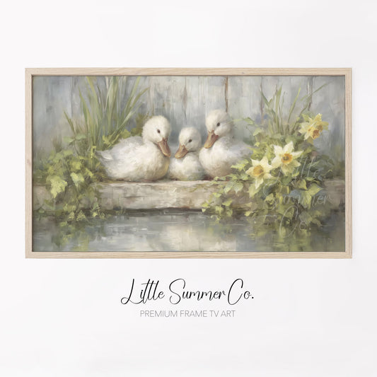 Ducklings and Daffodils Frame TV Art displayed on a TV