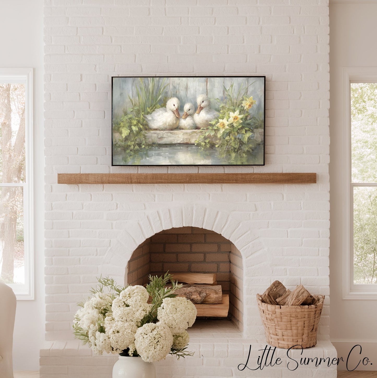 Ducklings and Daffodils Frame TV Art displayed on a TV