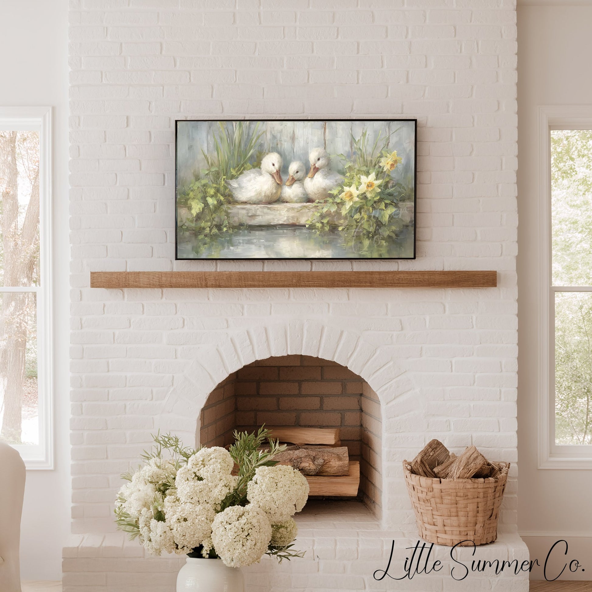 Ducklings and Daffodils Frame TV Art displayed on a TV