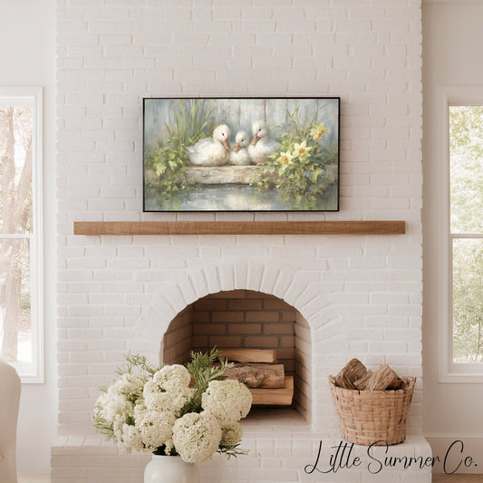 Ducklings and Daffodils Frame TV Art displayed on a TV
