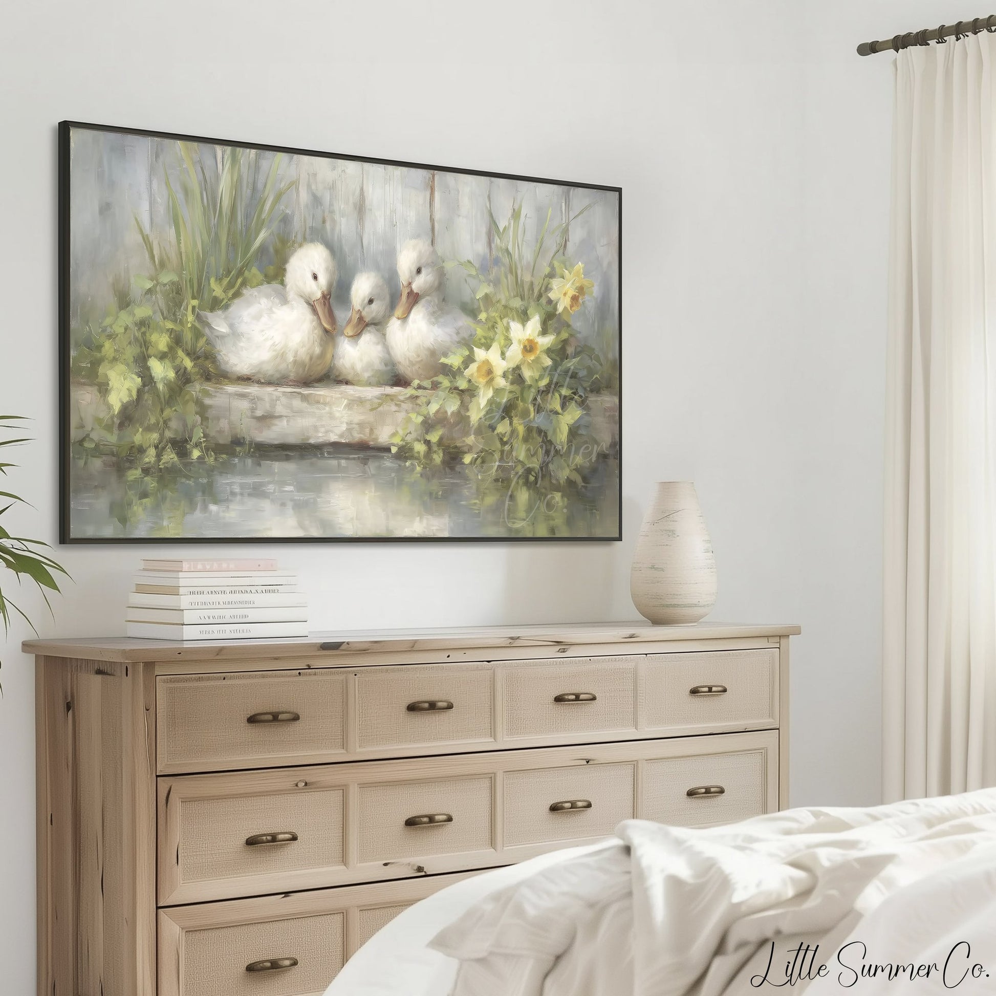 Ducklings and Daffodils Frame TV Art displayed on a TV
