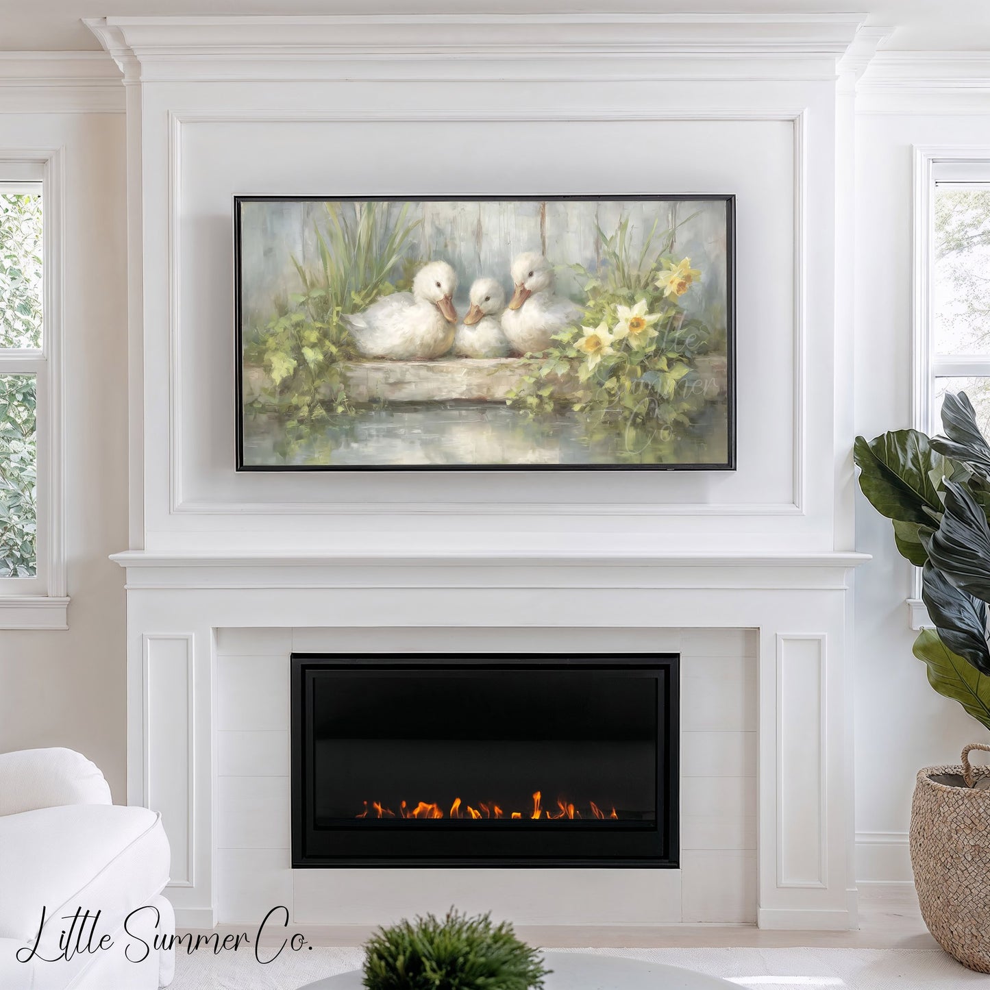 Ducklings and Daffodils Frame TV Art displayed on a TV