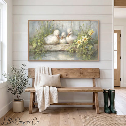 Ducklings and Daffodils Frame TV Art displayed on a TV