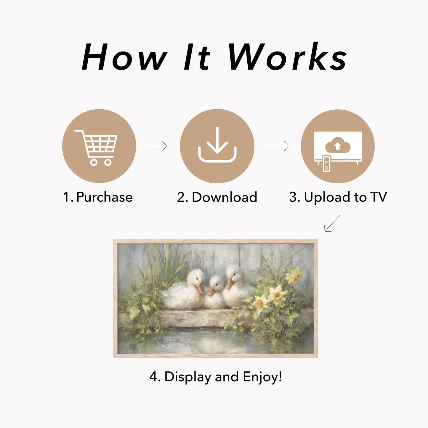Ducklings and Daffodils Frame TV Art displayed on a TV