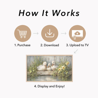 Ducklings and Daffodils Frame TV Art displayed on a TV