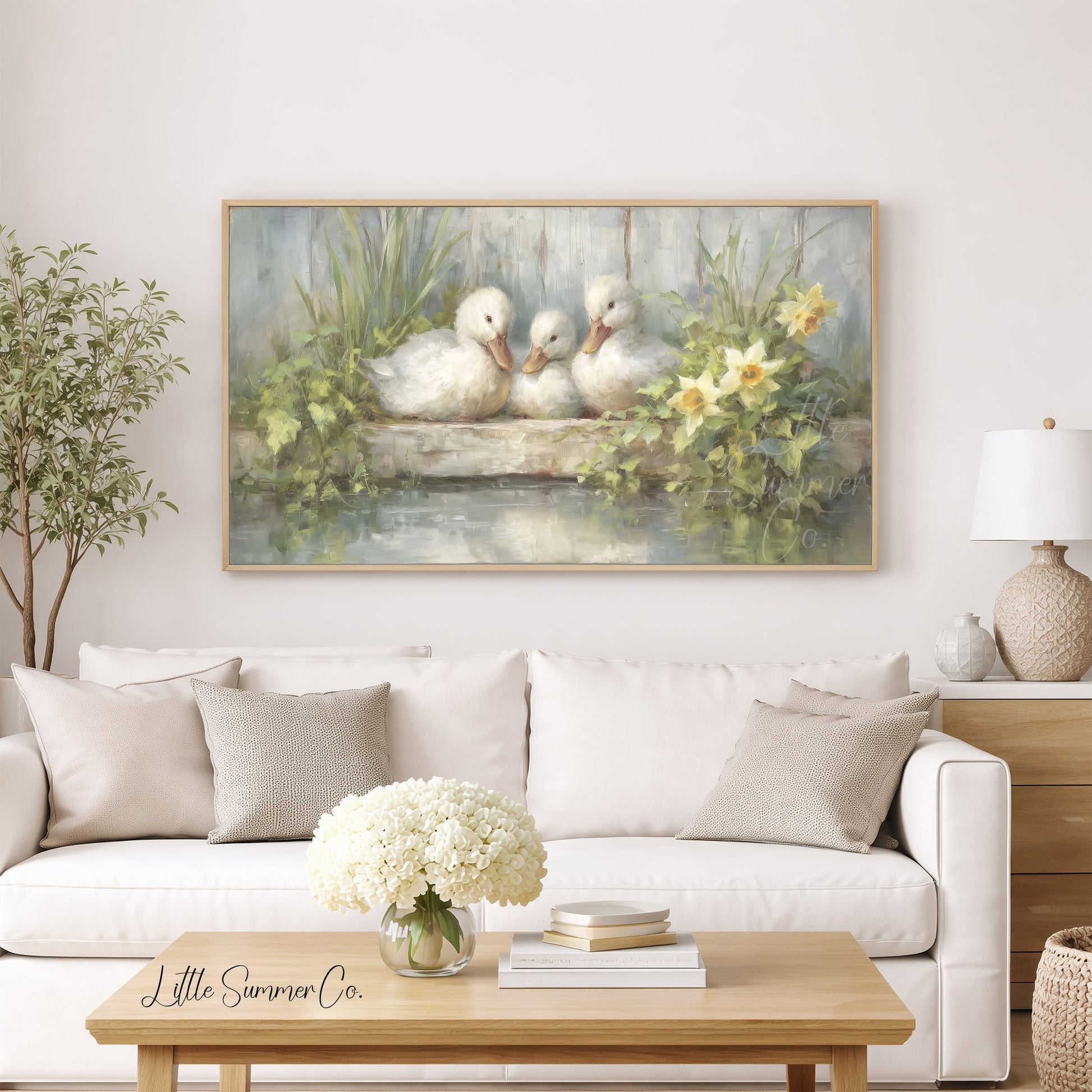 Ducklings and Daffodils Frame TV Art displayed on a TV