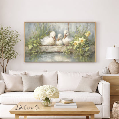 Ducklings and Daffodils Frame TV Art displayed on a TV