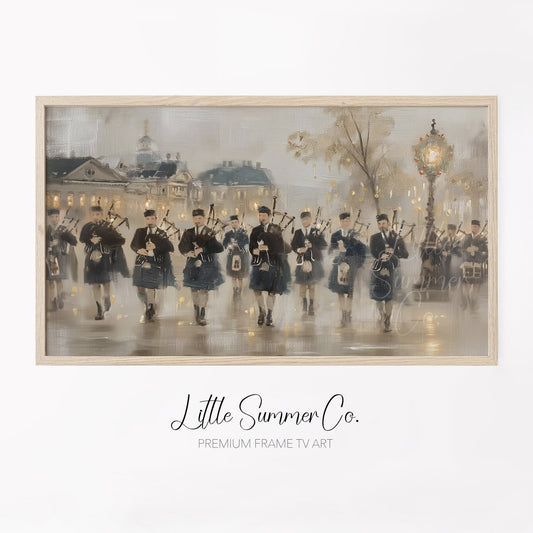 Marching Bagpipers Frame TV Art displayed on a TV