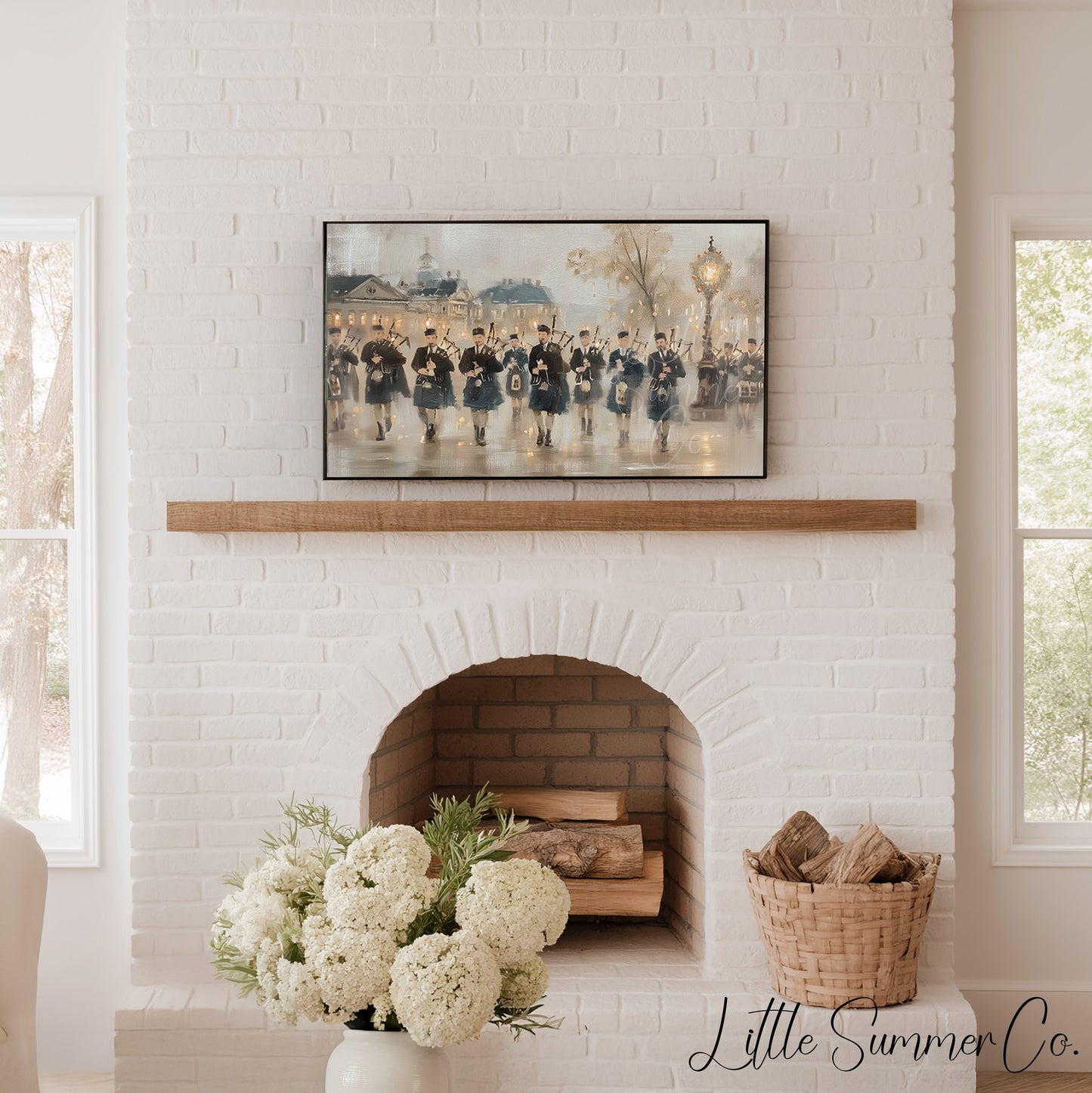 Marching Bagpipers Frame TV Art displayed on a TV