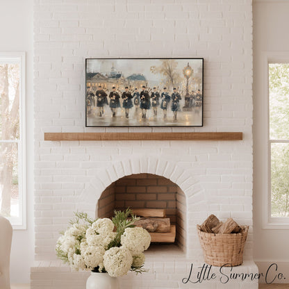 Marching Bagpipers Frame TV Art displayed on a TV