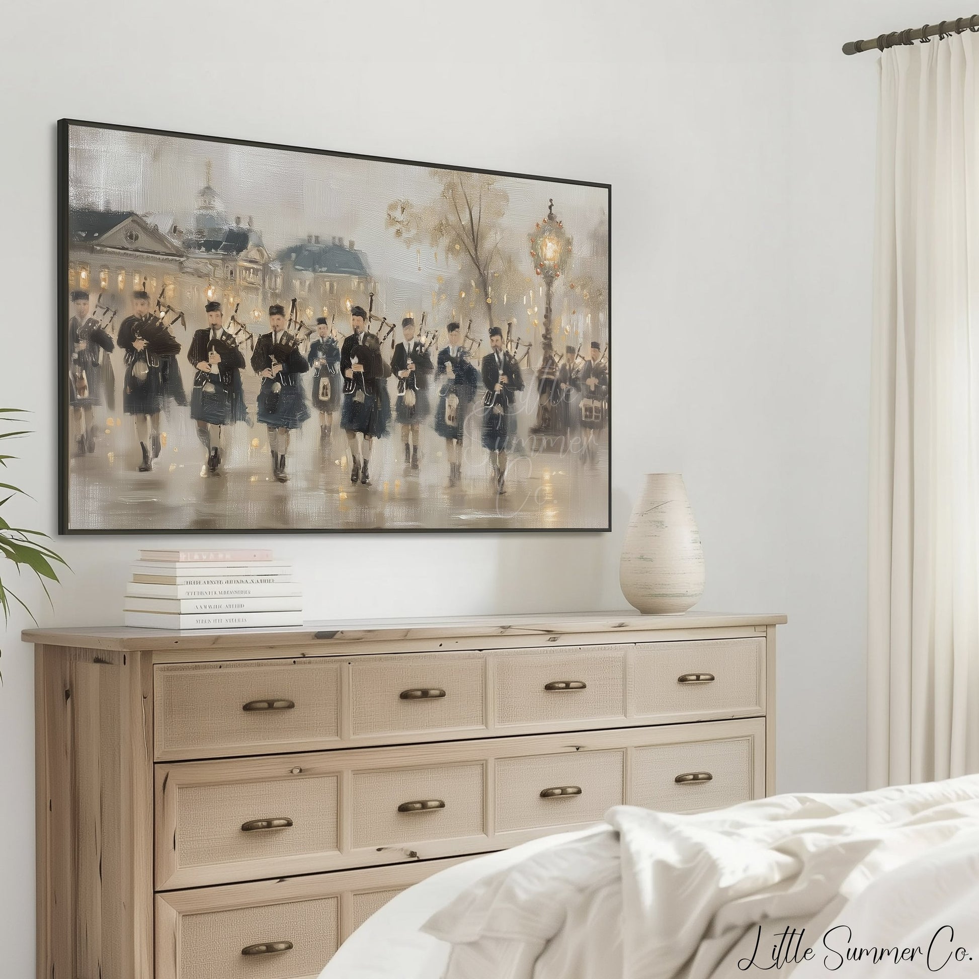 Marching Bagpipers Frame TV Art displayed on a TV