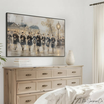 Marching Bagpipers Frame TV Art displayed on a TV