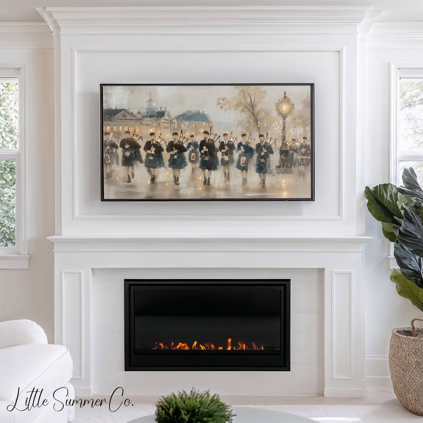 Marching Bagpipers Frame TV Art displayed on a TV
