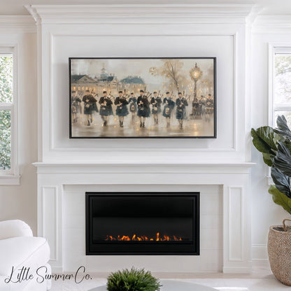 Marching Bagpipers Frame TV Art displayed on a TV