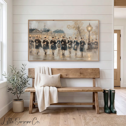 Marching Bagpipers Frame TV Art displayed on a TV