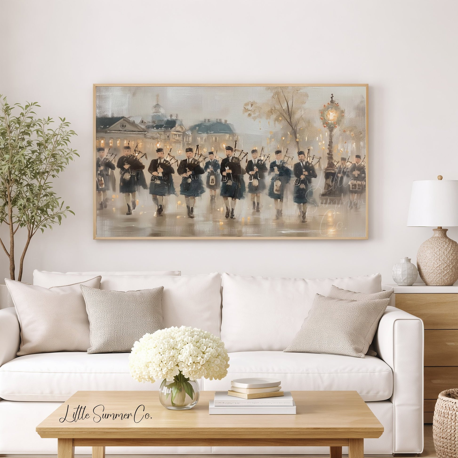 Marching Bagpipers Frame TV Art displayed on a TV